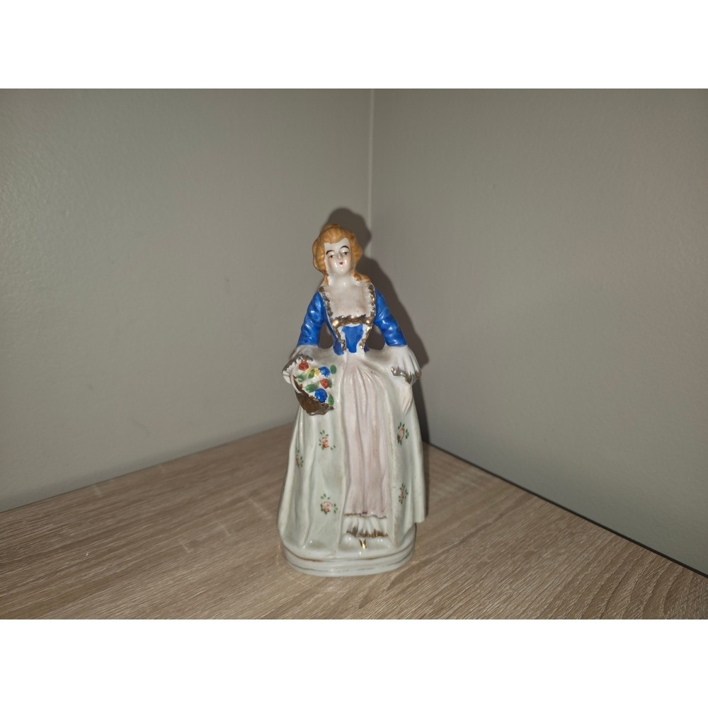 Vintage Occupied Japan Porcelain Colonial Lady Figurine Blue Gold Flower Basket
